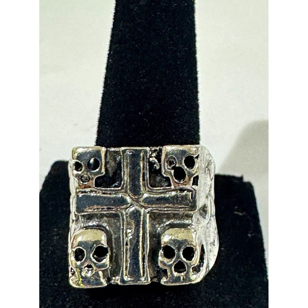 Silver Tone Skull & Cross Square Signet Ring Adjustable Open Band Metal MPN 0138